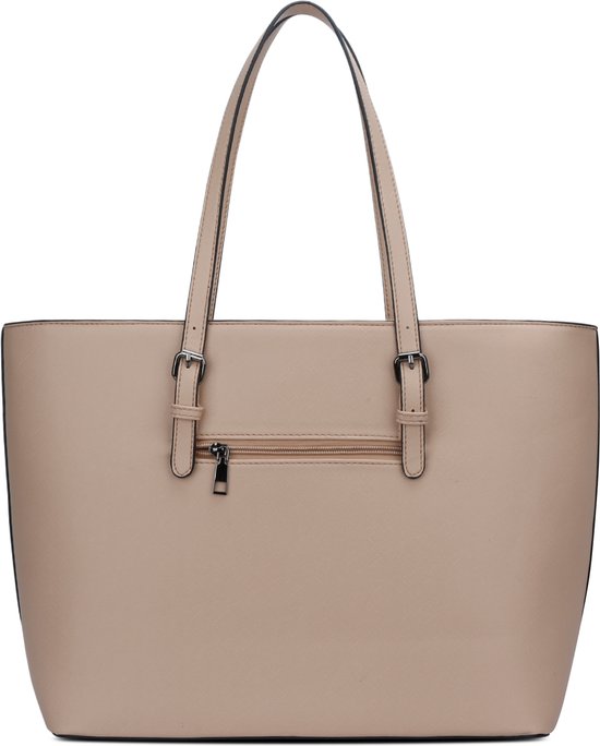 Beige Eleganci shopper, achterkant met ritsvak, recht van voren gezien.