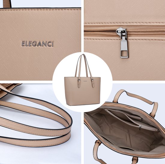 Beige Eleganci handtas: voorpand, ritssluiting, handvatten en open interieur met vakken.