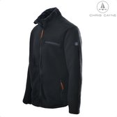 Donkerblauw fleece vest van Chris Cayne met oranje ritsdetails, borstzak en kraag.