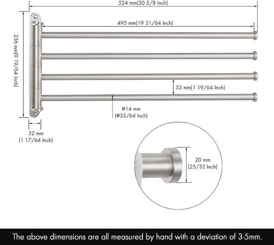 Draaibare Handdoekhouder 4-Arm - 50CM Wandmontage Roestvrij Staal voor Badkamer van MSV — afbeelding 3