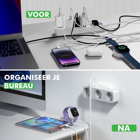 Prise d'alimentation 3 voies Travelhawk - Répartiteur de prise - 2 Portes USB - Wit