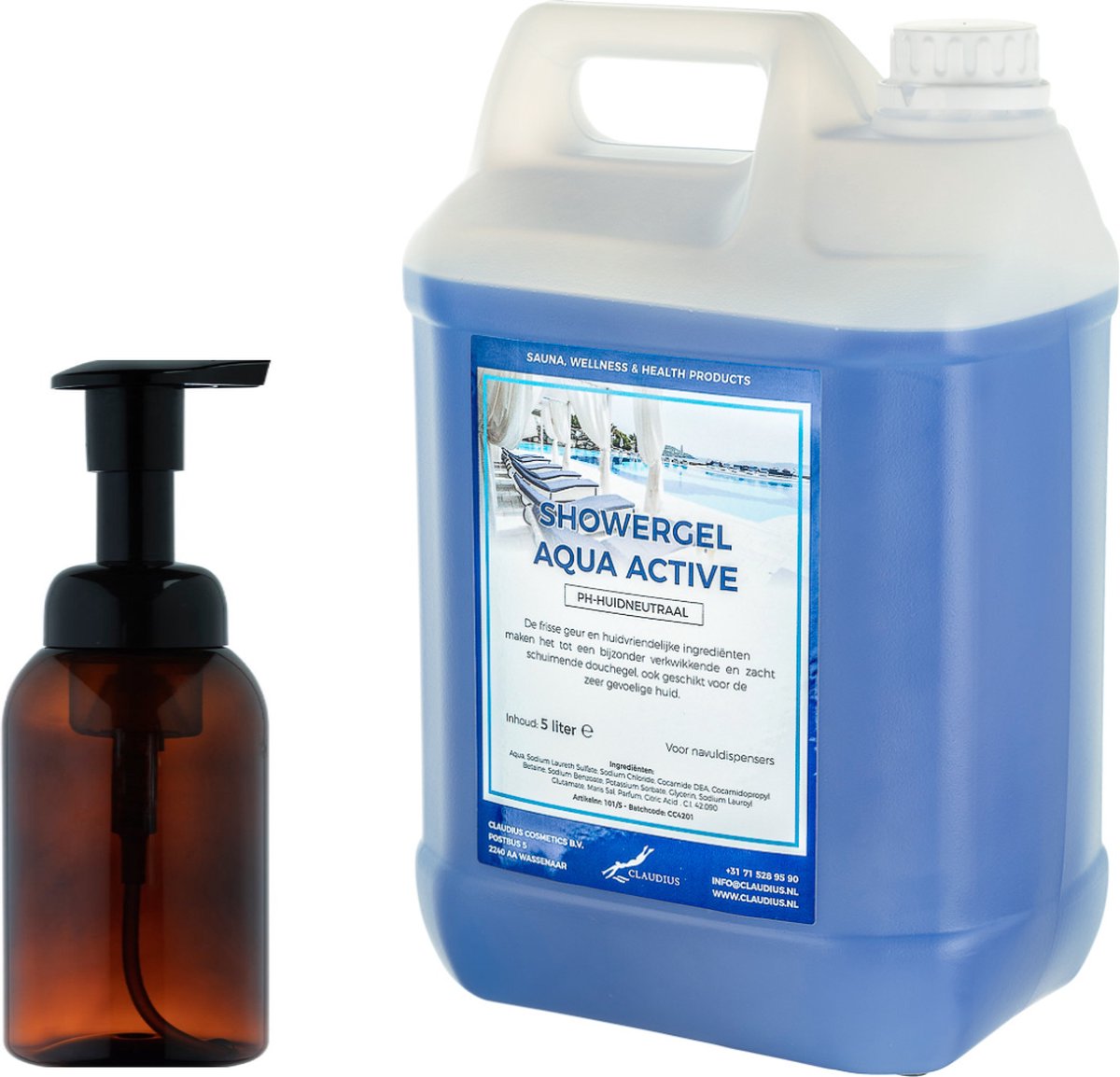 Goedkoopste Zeepdispenser 300 ml amber bruin hervulbaar 5 liter Showergel Aqua Active navulling