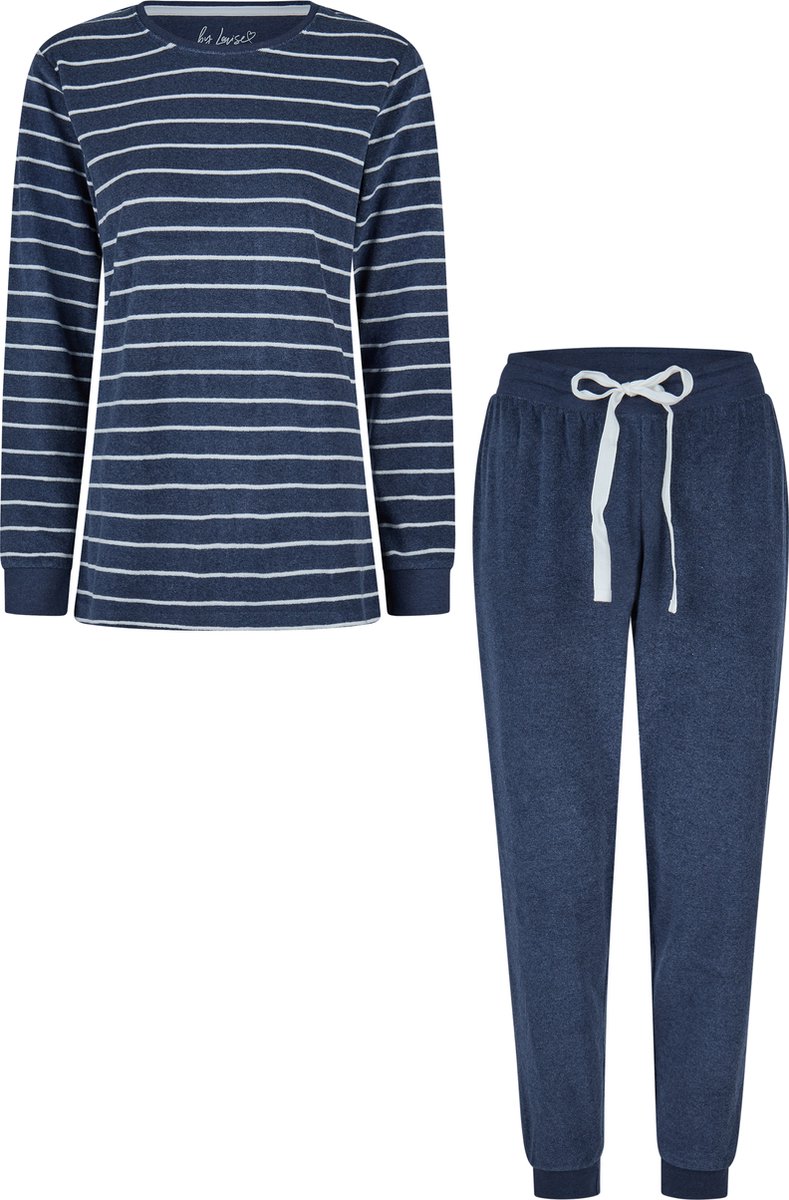 By Louise Dames Winter Pyjama Set Lang Badstof Gestreept Blauw