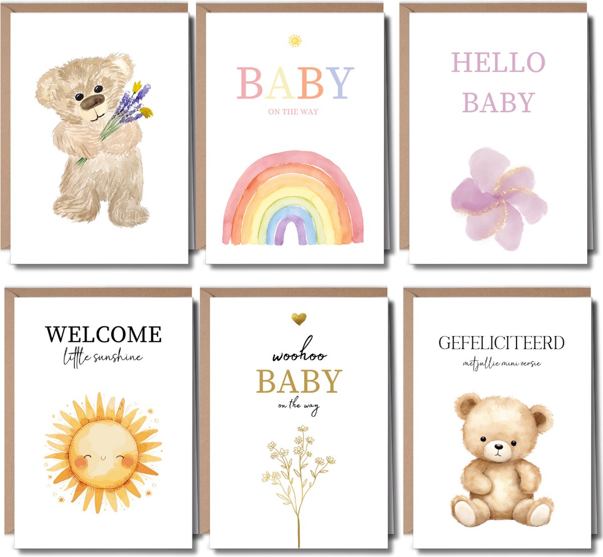 6 Luxe Wenskaarten Geboorte & Zwangerschap met Enveloppen - Felicitatie Kaartjes - A6 - Blanco - Teddybeer