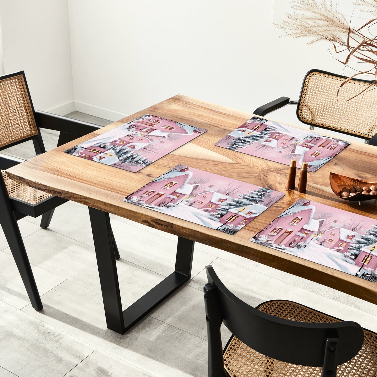Placemats - 6 stuks - 45x30 cm - Placemat kunststof - Kerstdorp - Roze - Winter - Sneeuw - Huizen - Borden onderleggers - Decoratie voor op tafel - Keuken tafeldecoratie accessoires - Vinyl onderlegger - Tafelversiering – foto 4