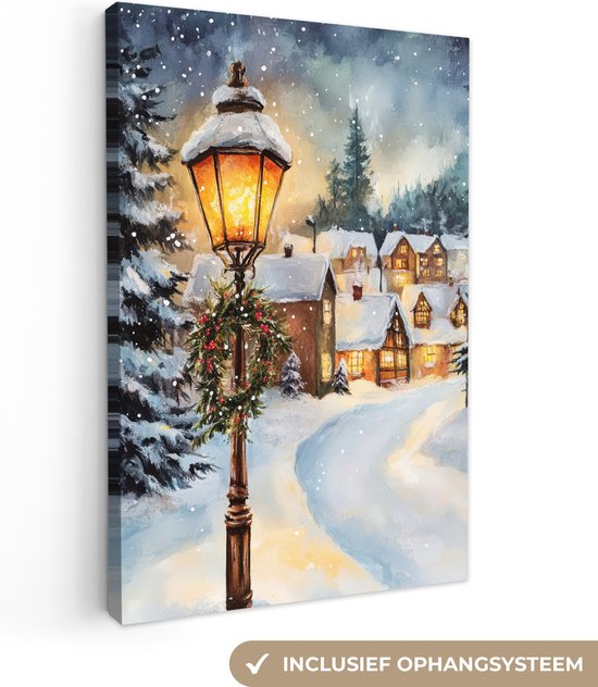 Canvas schilderij 80x120 cm - Wanddecoratie Kerstdorp - Huizen - Sneeuw - Kerst - Muurdecoratie woonkamer - Slaapkamer decoratie - Kamer accessoires - Schilderijen op canvas - Kerstdecoratie voor binnen - Kerstversiering - Kerstmis versiering