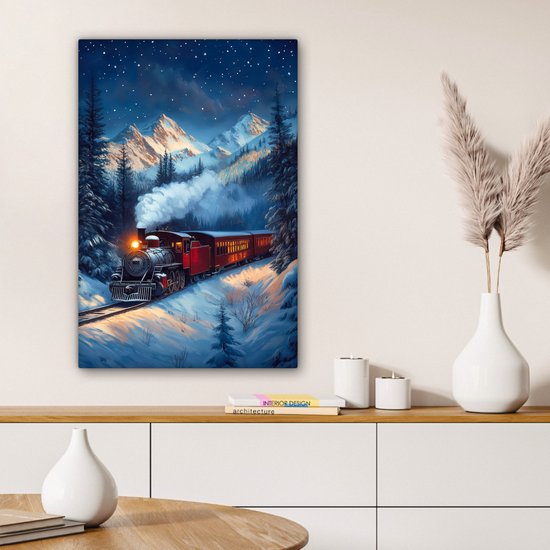Canvas schilderij 40x60 cm - Wanddecoratie Trein - Kerst - Sneeuw - Kersttrein - Muurdecoratie woonkamer - Slaapkamer decoratie - Kamer accessoires - Schilderijen op canvas - Kerstdecoratie voor binnen - Kerstversiering - Kerstmis versiering