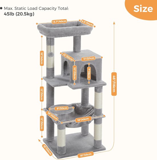 Pawz Road 116 Cm Kattenboom Met Metaal-pluis Hangmat, Kattentorre Voor Volwassen Katten Met 2-deur Condo Huis, 6-stap Kattenrekken Met Schraapstafs & Grote Bovenste Zitstaaf, Grijs | Bedden en slaapkamermeubels