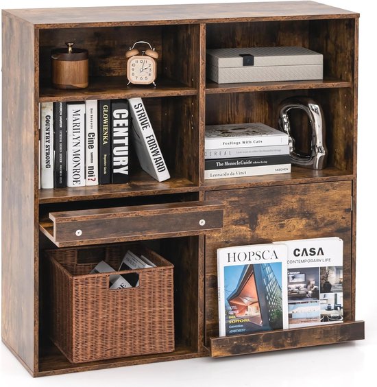 KOMFOTTEU Boekenkast, 3 niveaus, boekenkast met 9 vakken, kubusrek, vrijstaand, staand rek, kantoorrek met magneetsluiting, archiefkast 90 x 29 x 90