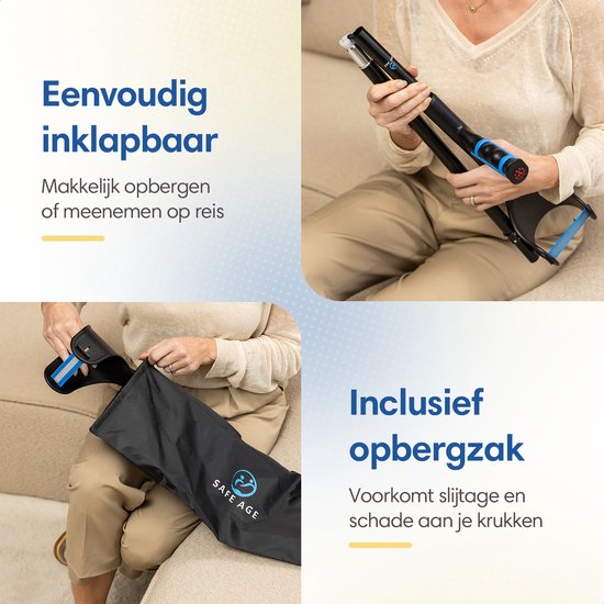 Een vrouw vouwt een zwarte opbergzak open. Op de zak staat 'SAFE AGE' met een logo. Ernaast ligt een opgevouwen kruk.