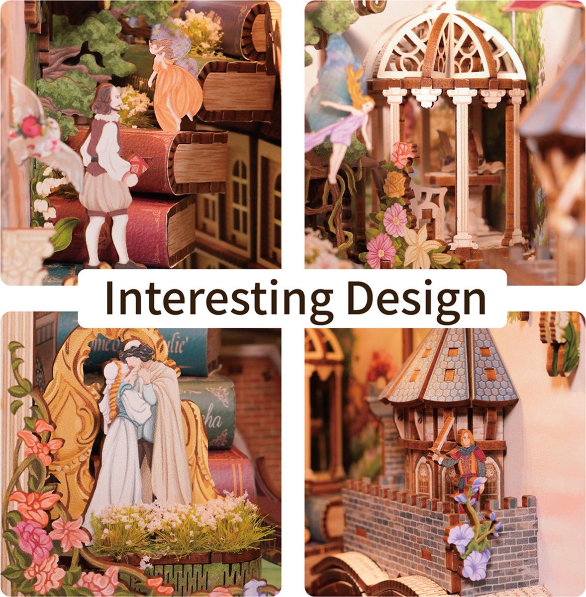 Tonecheer Shakespaer's Verse Book Nook Bouwpakket - Modelbouw - 18 x 9,8 x 24,5 cm - DIY Pakket - Houten 3D Puzzel - Boekensteun - LED-licht - Bewegingssensor Licht - Boekenhouder - Inclusief Dust-Cover — afbeelding 6