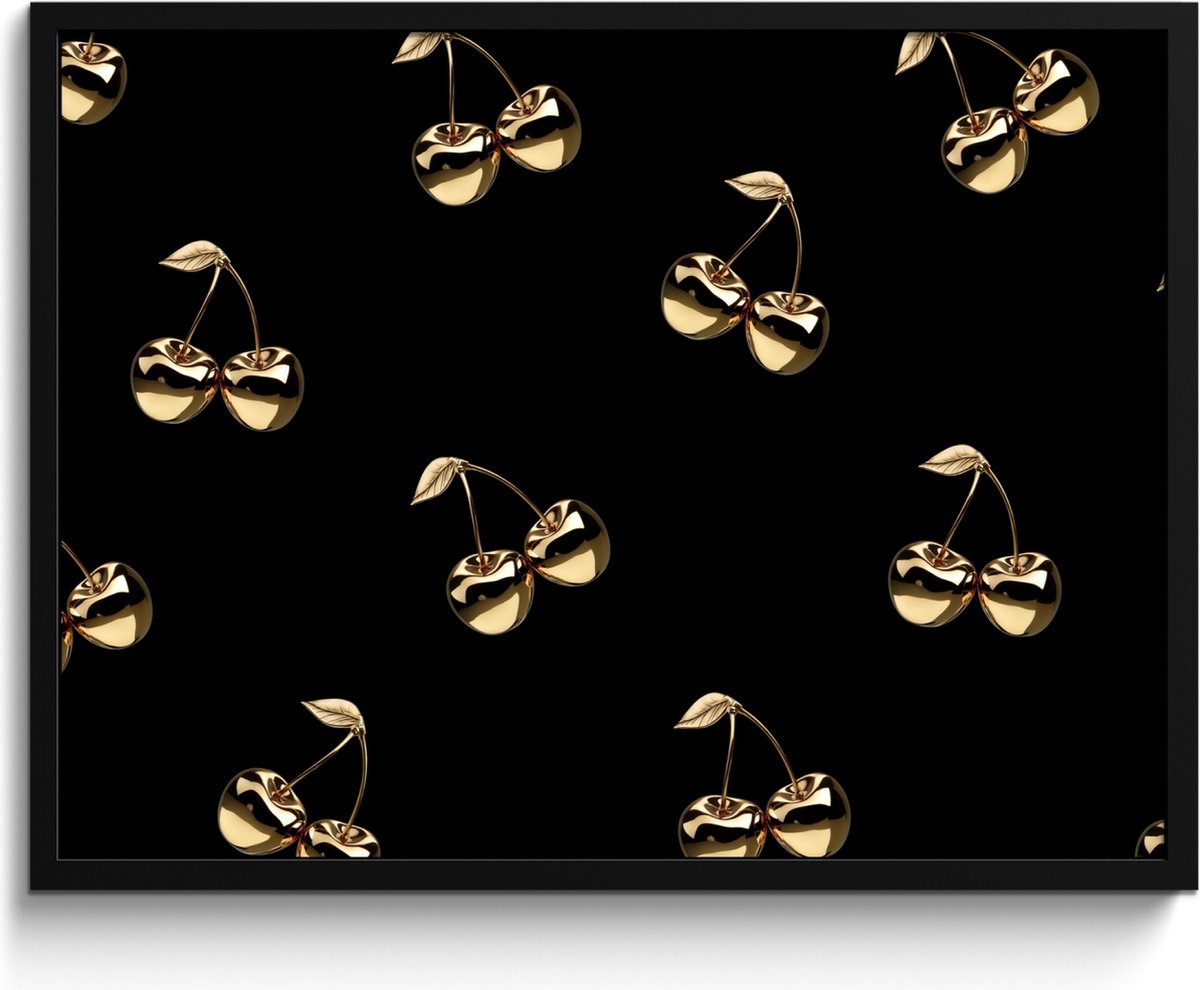 FrameYourWall Fotolijst inclusief poster - Posterlijst 80x60 cm - Posters - Patroon - Kersen - Goud - Chrome - Foto in lijst - Keuken decoratie muur - Wanddecoratie accessoires - Muurdecoratie - Schilderijen Kersen patroon