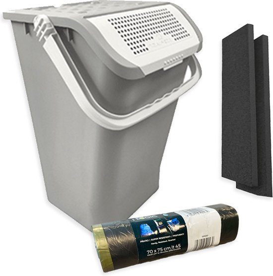 Grijze luieremmer van 40 liter met deksel, rol vuilniszakken en twee koolstoffilters.