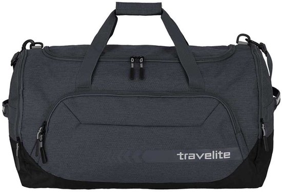 Grijze reistas met 'travelite' logo, ritssluitingen aan de zijkant en een donkerdere basis.