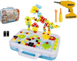 107-delig 3D Puzzel Constructie Bouw Speelgoed Mozaïek met Elektrische Schroef Boor Machine & Batterijen - Bouwonderdelen - Creatieve 2D/3D Puzzel met Werkende Boormachine & Gereedschapskoffer - Speelgoedgereedschapskoffer met Mozaïekbord