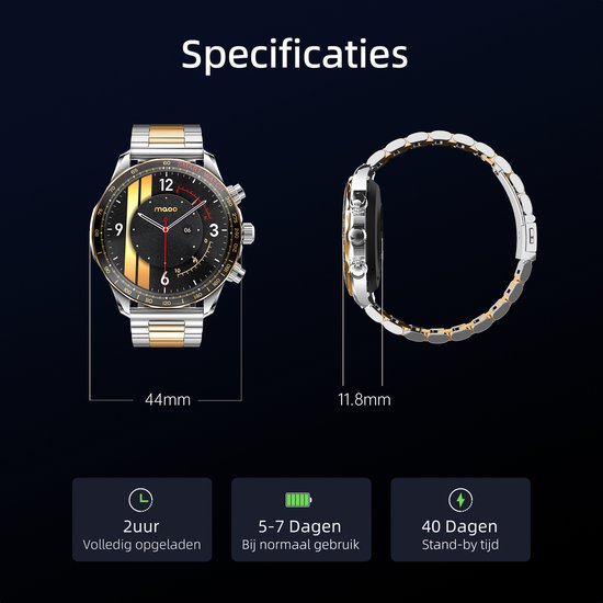 Maoo Titan AMOLED Smartwatch Heren - Special Edition - Stainless Steel en 2 TPU bandjes - Stappenteller - Hartslagmeter - Slaapmonitor - Multisport - Geschikt voor Android en iOS - Zilver en Goud