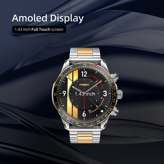 Maoo Titan AMOLED Smartwatch Heren - Special Edition - Stainless Steel en 2 TPU bandjes - Stappenteller - Hartslagmeter - Slaapmonitor - Multisport - Geschikt voor Android en iOS - Zilver en Goud