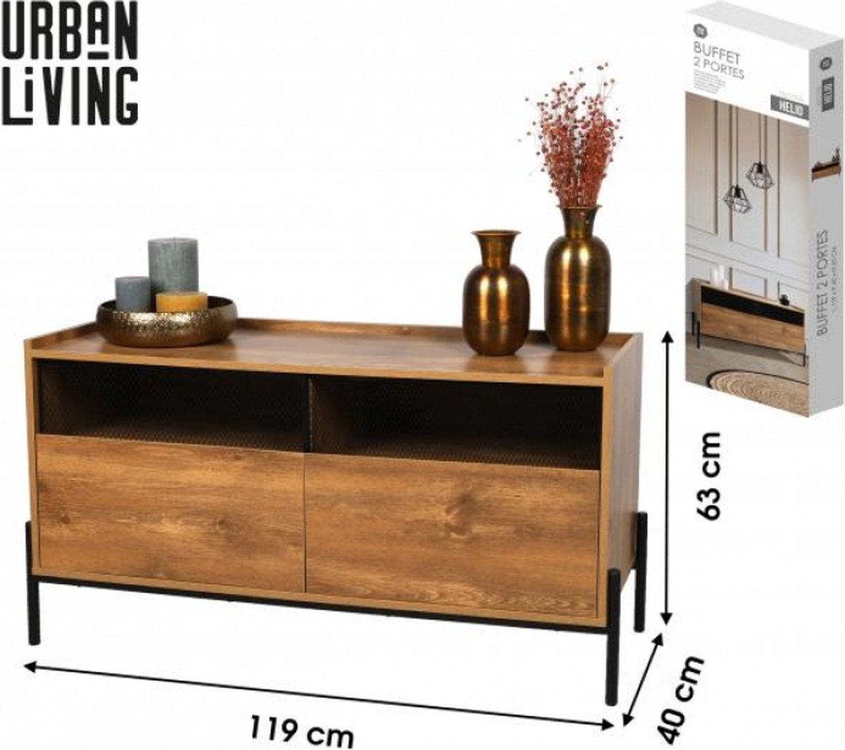 Urban Living "HELIO" BUFFET 2 DEUREN EN POTEN IN ZWART METAAL 119X40XH63CM hout