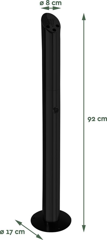 Zwarte staande asbak van 92 cm hoog en 17 cm diameter voet. Opening van 8 cm.