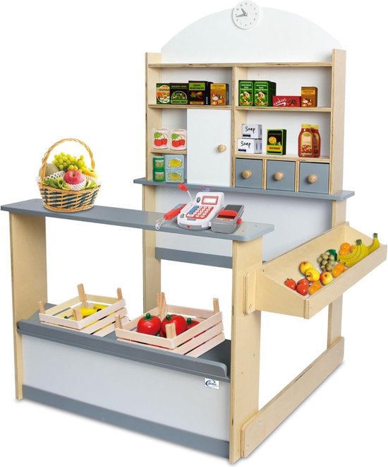 Coemo Lilly Speelgoedwinkel - Kindvriendelijke Houten Speelwinkel met Verkooptoonbank, Laden, Planken en Compleet Doe-Het-Zelf-Pakket voor Creatief Rollenspel (Grijs)