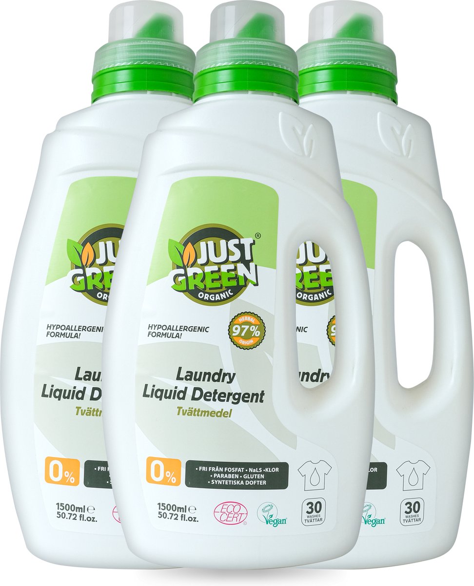 Goedkoopste Just Green Organic - Natuurlijke Vloeibare Wasmiddel - 3 x 1,5 Liter - 135 wasbeurten