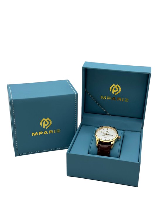 Olevs - Montre homme - Bracelet cuir - Montre-bracelet - Homme - Cadeau - Montre - Coffret cadeau - Homme - blanc et or - bracelet marron
