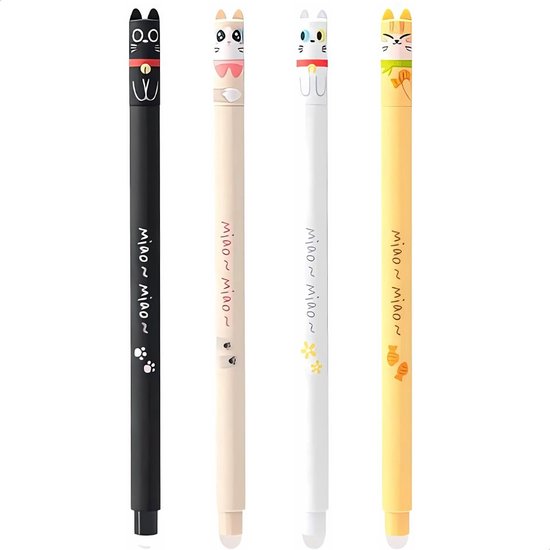 Ainy - Schattige Kawaii Katten Uitwisbare Pen set 4 stuks | Unieke diertjes design uitgumbare pennen voor etui of pennenzak | ideale teken balpennen cadeauset voor kinderen en volwassenen (niet geschikt voor legami vulling)