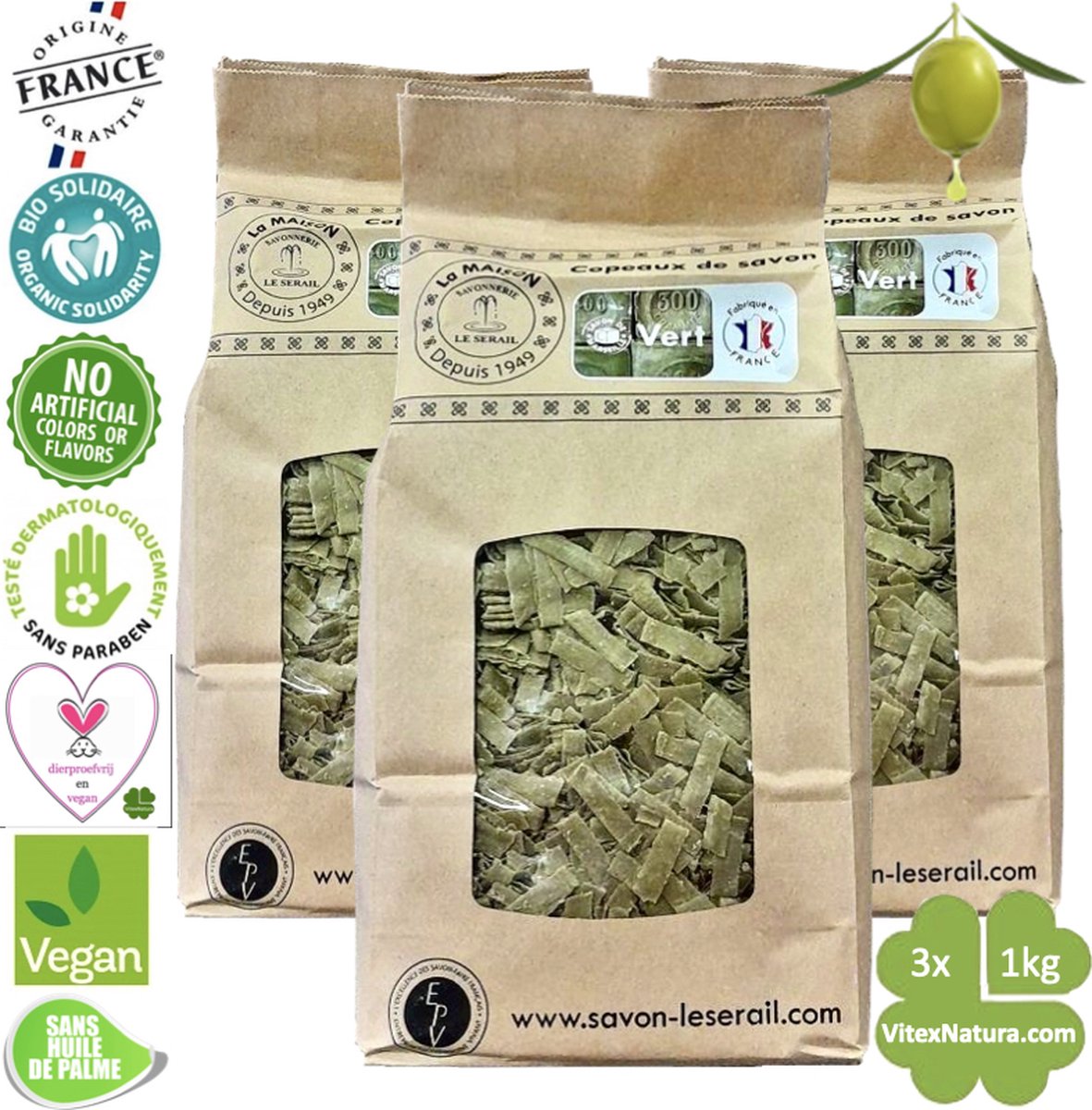 Goedkoopste Marseille zeepvlokken Olijf olie | 3x 1kg | Ecologisch en Milieuvriendelijk | Le Serail | Multifunctioneel | Puur natuur