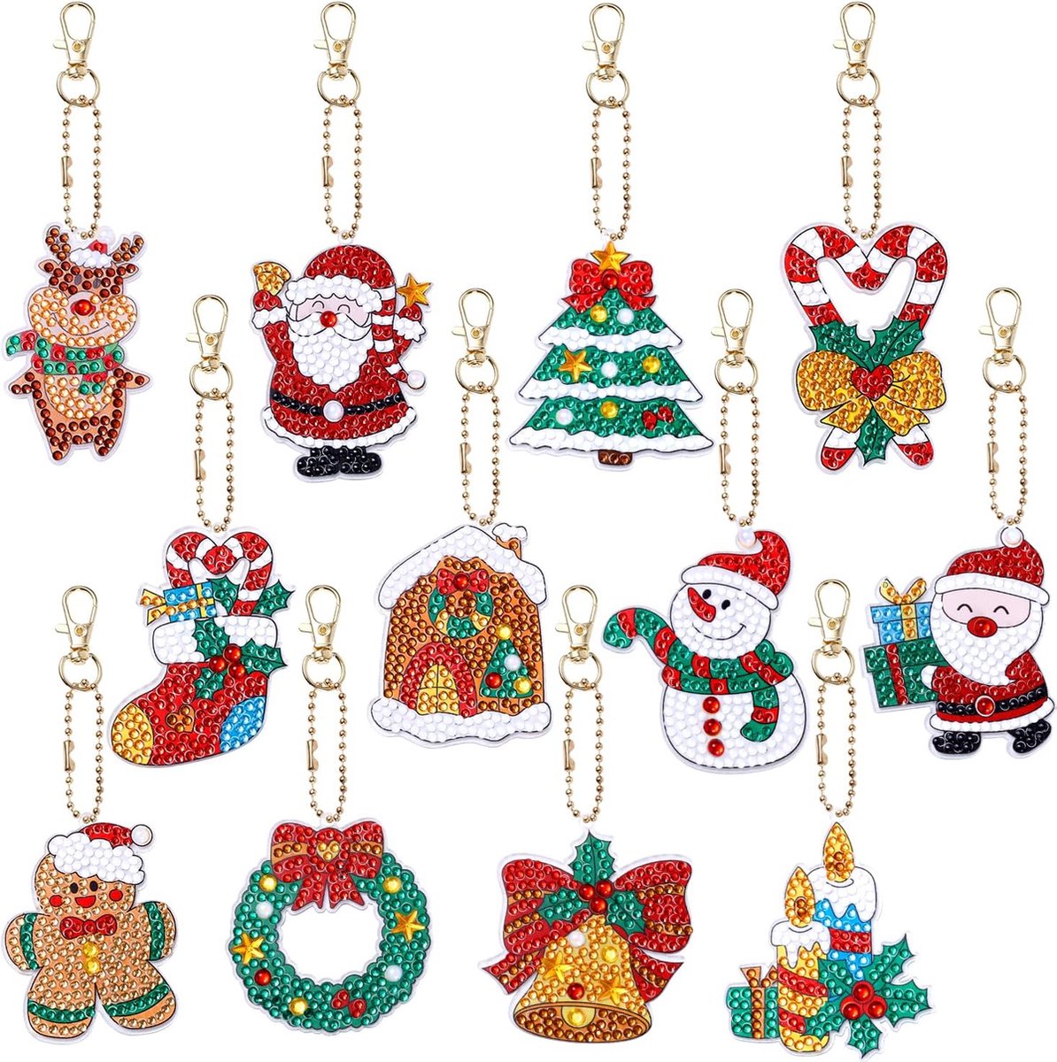 Huntex Diamond Painting Kerst Sleutelhanger - 12 x sleutelhanger - Kerst - Volwassenen - Hobby - Kinderen - Hanger voor aan je tas - volledig pakket - Kinderfeestje - Maak je eigen sleutelhanger