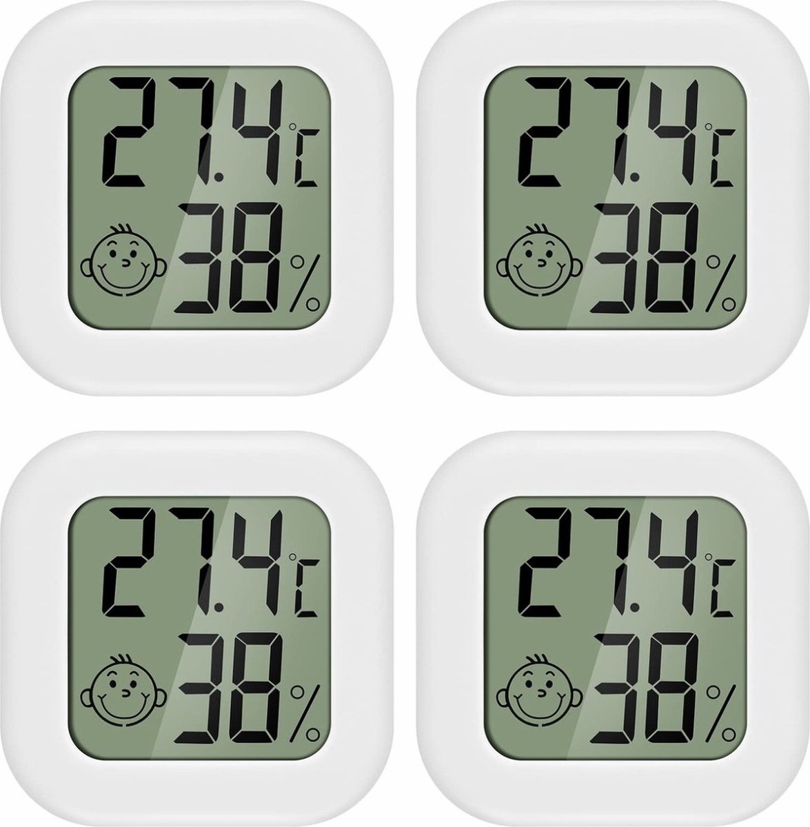Bol.com Hygrometer - Weerstation - Luchtvochtigheidsmeter - Thermometer Voor Binnen - Incl. Batterij & Plakstrip - Set - 4 Stuks... aanbieding