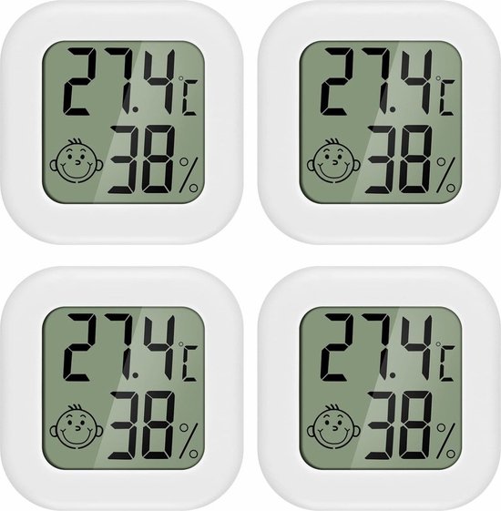 Hygrometer - Weerstation - Luchtvochtigheidsmeter - Thermometer Voor Binnen - Incl. Batterij & Plakstrip - Set - 4 Stuks Wit