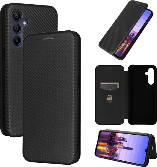 Étui de téléphone adapté pour Samsung Galaxy A16 - Couverture de boîtier de livre d'agenda en fibre de carbone noir