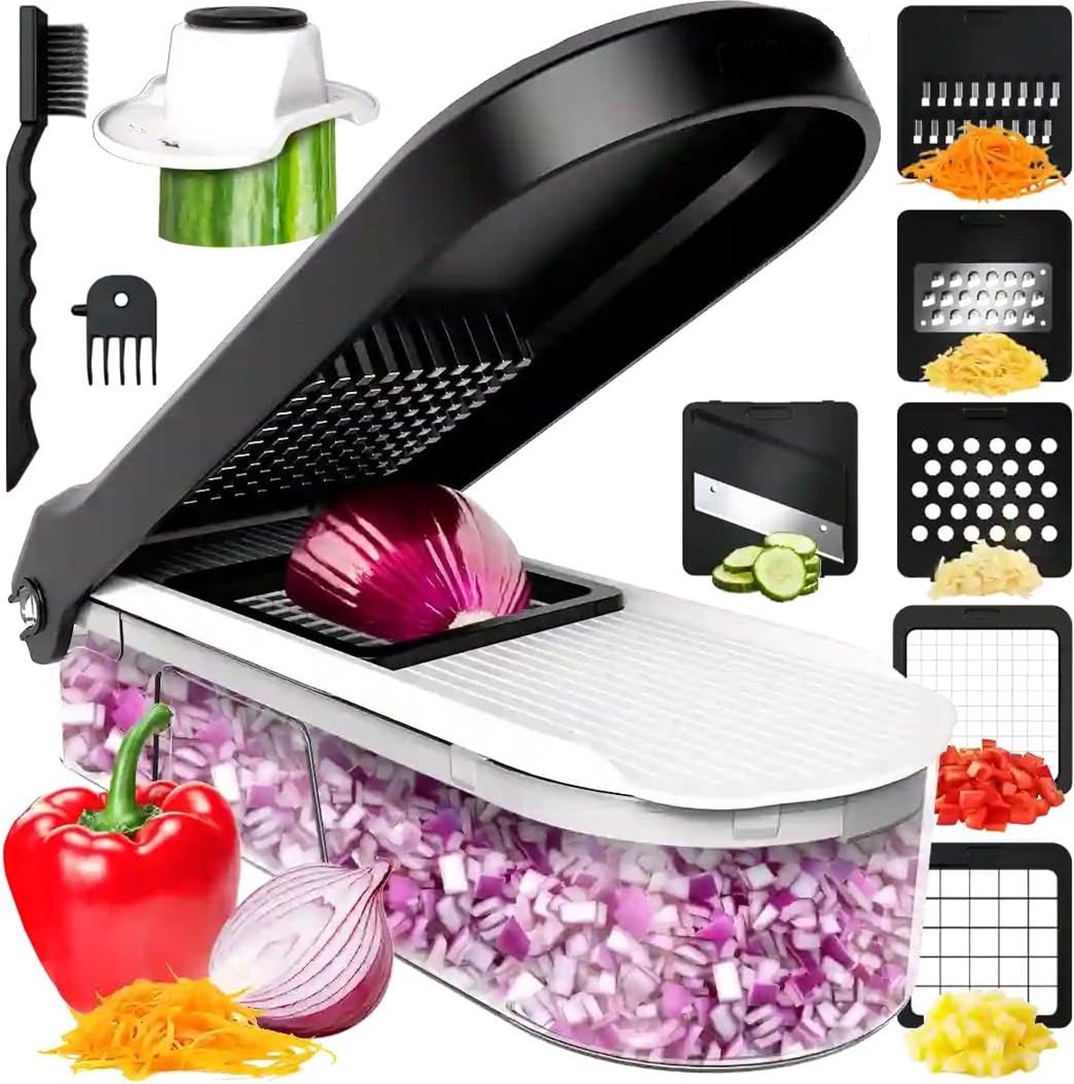 Snijmachine voor groenten, groentesnijder - handmatige groentensnijder voor uiensalades - aardappelversnipperaar - groentensnijder en hakmachine - keukengereedschap en gadgets (6-in-1, compact, wit)