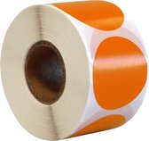Rol met oranje ronde etiketten, 35 mm. Oranje stippen op wit papier.
