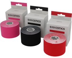 Skinestics Kinesiologie tape – Sport tape – Fysio tape – Kleur Zwart+Rood+Roze nu 20% langer, 600 cm lang bij 5 cm breed, 170% rekbaar gelijk aan menselijke huid, standaard voorzien van extra sterke lijm, katoen, voor het hele lichaam, medical taping