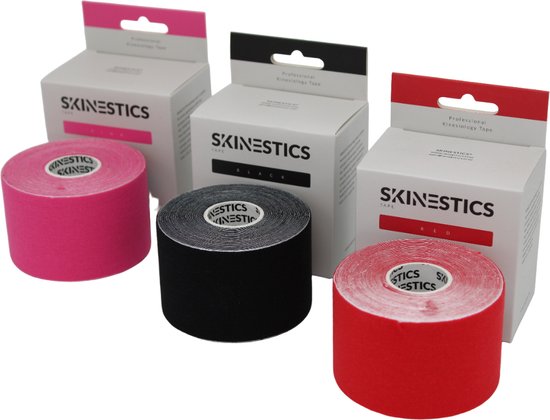 Skinestics Kinesiologie tape – Sport tape – Fysio tape – Kleur Zwart+Rood+Roze nu 20% langer, 600 cm lang bij 5 cm breed, 170% rekbaar gelijk aan menselijke huid, standaard voorzien van extra sterke lijm, katoen, voor het hele lichaam, medical taping
