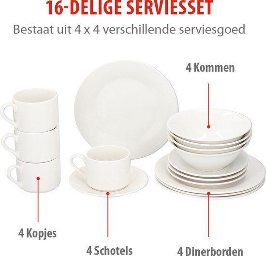 alpina 16-delig Ontbijtservies - 4 Borden - 4 Kommen - 4 Koppen - 4 Schotels - Aardewerk - Wit — afbeelding 5