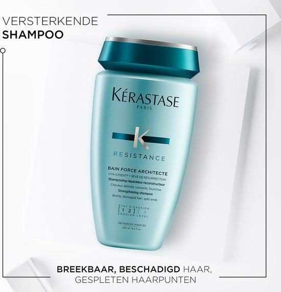 Bouteille Kérastase Résistance avec le texte "Shampoing Fortifiant".
