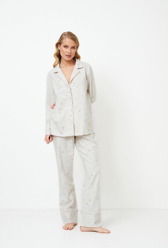 Dames pyjamaset Dorothea-shirt met lange mouw-knoopsluiting-lange broek-sterrenprint-lichtgrijs-maat XL