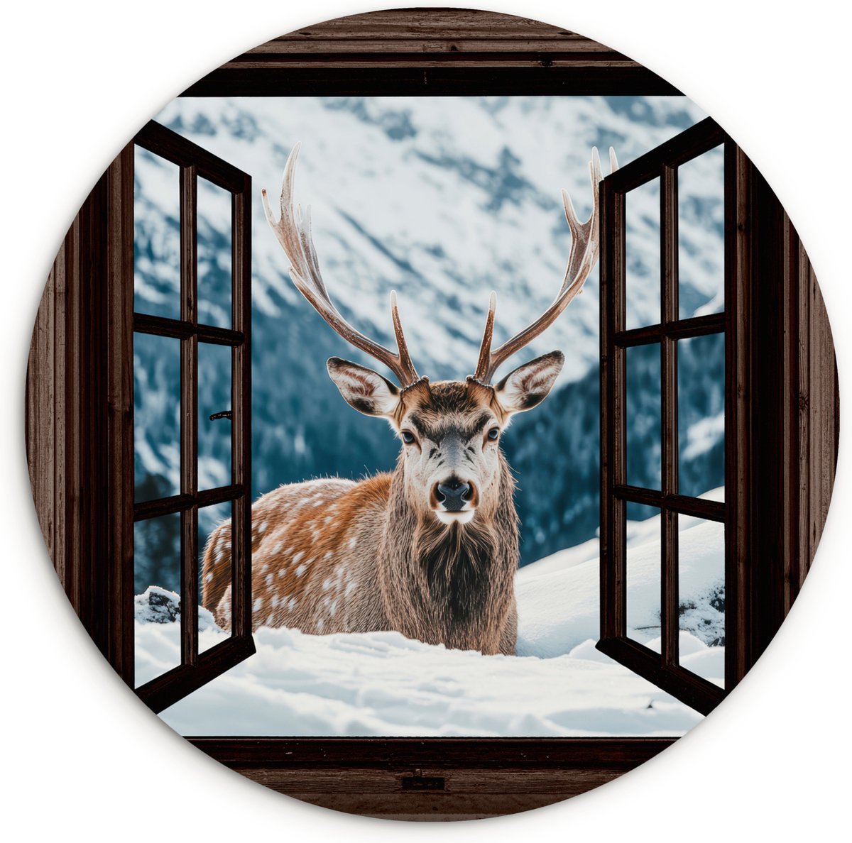 WallCircle Wandcirkel 90x90 cm - Muurcirkel Hert - Landschap - Winter - Natuur - Dieren - Doorkijk - Bergen - Muurdecoratie woonkamer - Wanddecoratie slaapkamer - Kamer decoratie accessoires - Ronde schilderijen