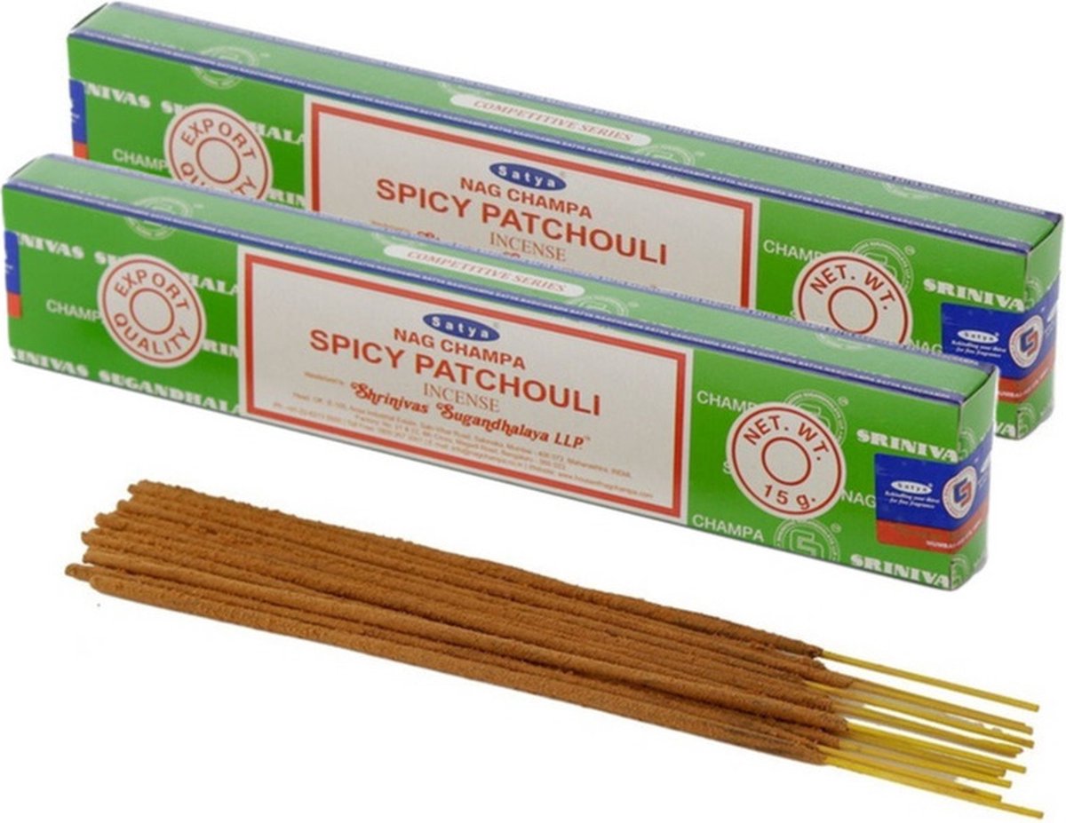 Satya Nag Champa wierrook stokjes Patchouli geur - 30x - Lichaam in balans - Meditatie - staafjes van 21 cm - 30 minuten Multi