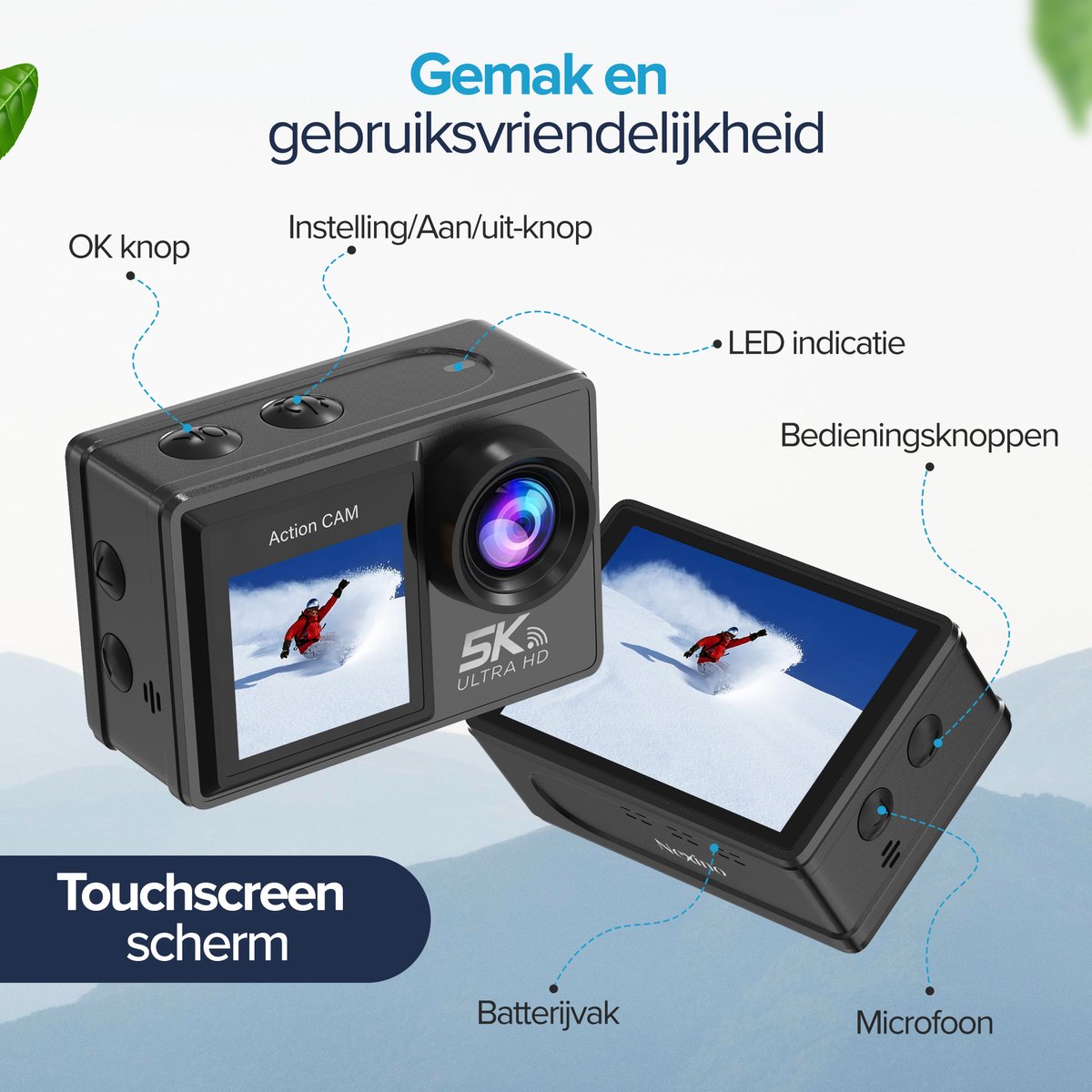 WANNTO 5K Action Cam 40M onderwatercamera, videocamera 24 MP, wifi, 170° groothoek, dubbel scherm, touchscreen, met externe microfoon, 2 x 1350 mAh batterijen (Motion 5 Pro