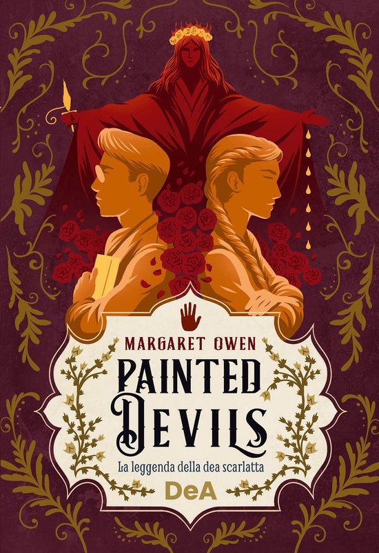 Couverture du livre 'Painted Devils' de Margaret Owen, avec deux profils, des roses rouges et une figure rouge en haut.