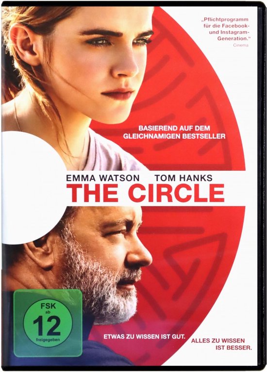 DVD-hoes van "The Circle" met Emma Watson en Tom Hanks. Rode abstracte vorm op de achtergrond.