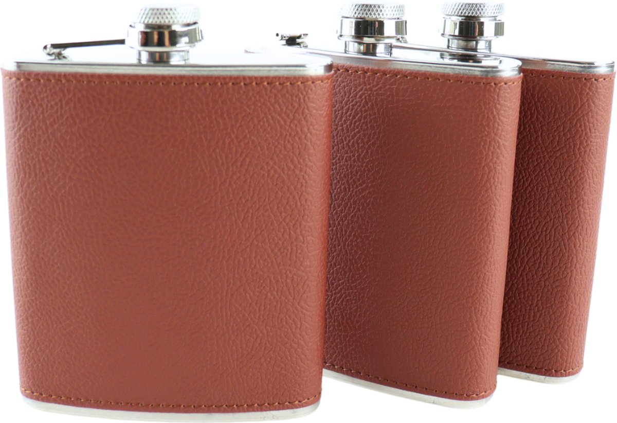 HIXA Heupfles - Bruin - 3 Stuks - Flacon - Veldfles - RVS - Drinkfles - Platvink - Leder - 200ml - BROWNY
