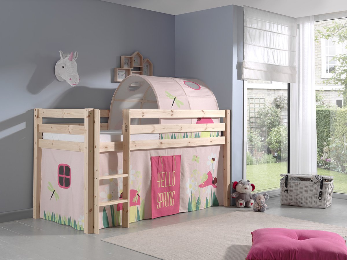 LUCEVI - Pino Halfhoogslaper + Ladder + Spring Gordijntjes + Spring Tunnel - Bruin - 90x200 cm