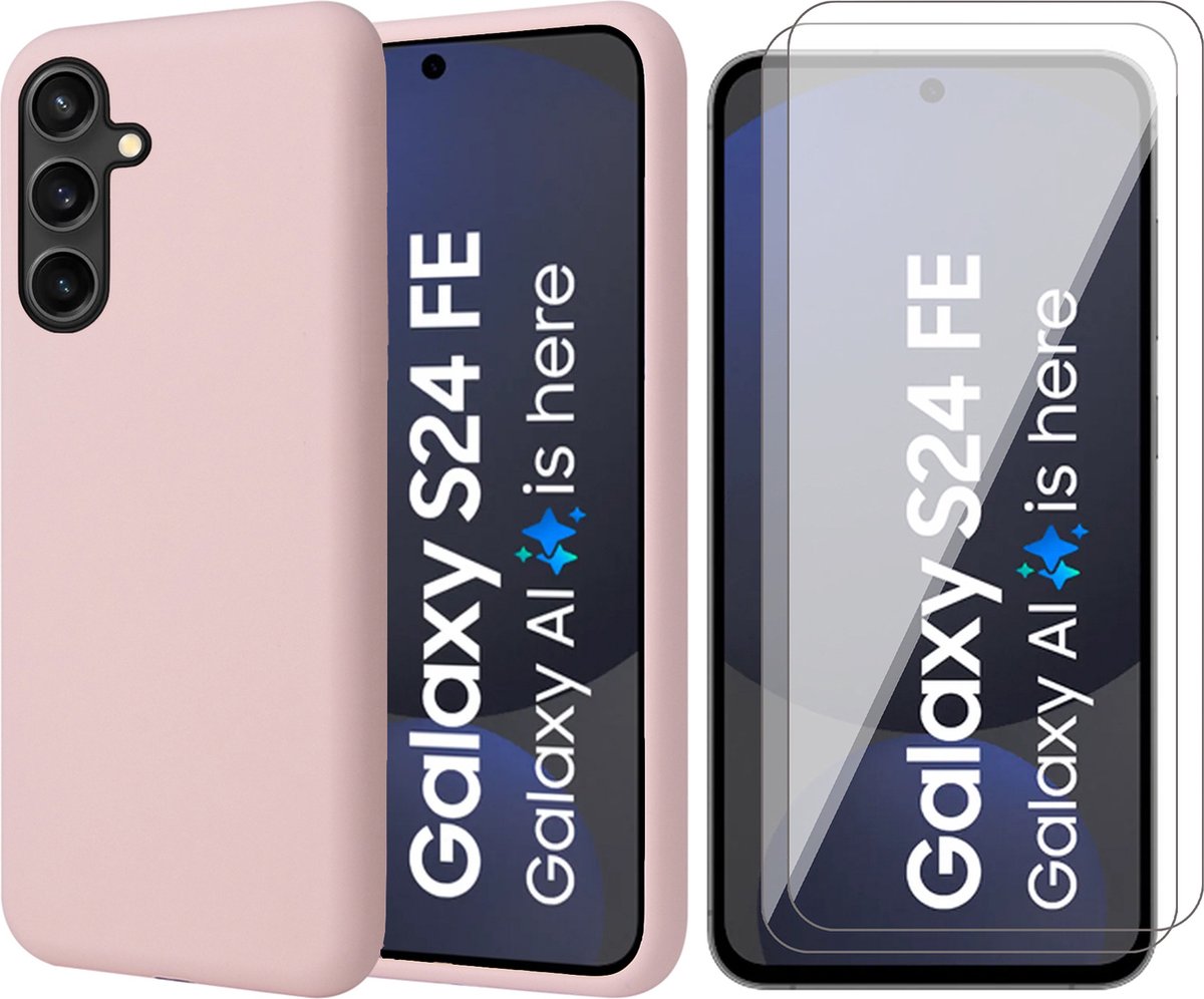 Hoesje geschikt voor Samsung Galaxy S24 FE - 2x Screenprotector Glas - Mat Back Case Roze