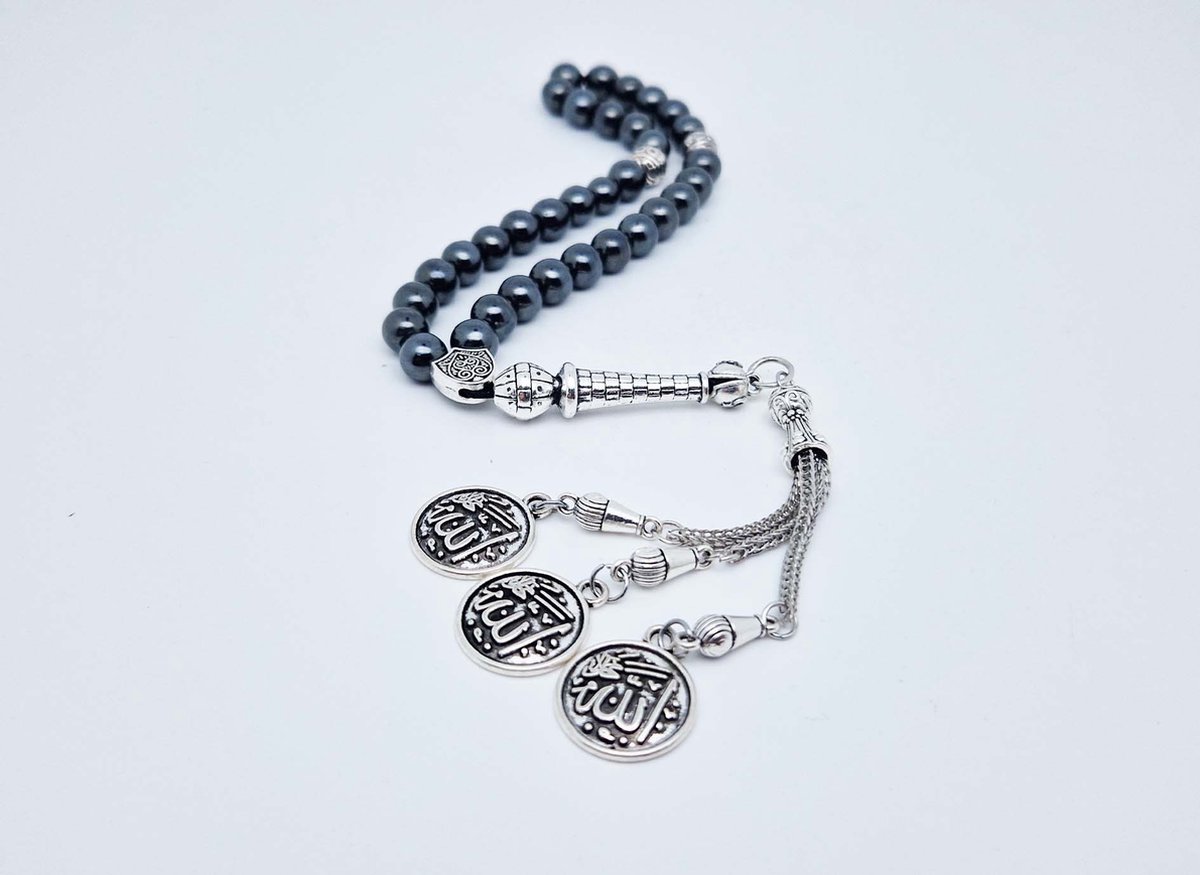 Handgemaakte tesbih "tasbih" natuursteen "Hematiet" - Aantal kralen 33 - Diameter kralen 8 MM - met metaal tassel "model A3" - Een mooi cadeau-idee