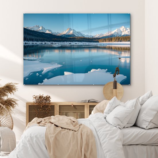 MuchoWow® Peinture sur verre 180x120 cm - Peinture sur verre acrylique - Paysage - Hiver - Lac - Montagnes - Vue - Glace - Photo sur verre - Décoration murale salon - Décoration murale chambre - Peintures