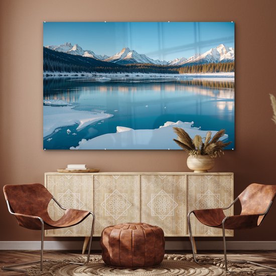 MuchoWow® Peinture sur verre 180x120 cm - Peinture sur verre acrylique - Paysage - Hiver - Lac - Montagnes - Vue - Glace - Photo sur verre - Décoration murale salon - Décoration murale chambre - Peintures